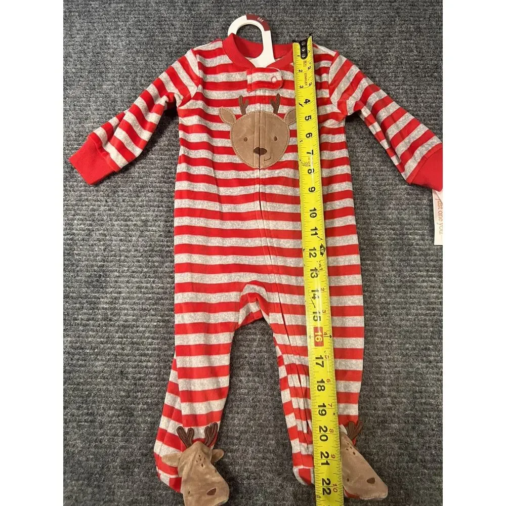 Carter's 6M Red/Gray Fleece Footed Reindeer One-Piece Sleeper 2-Way Zip